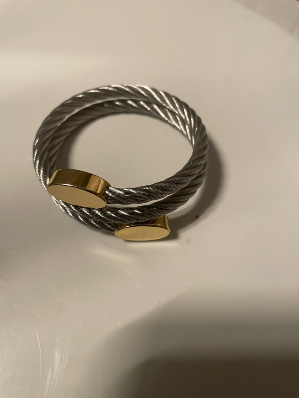 Twisted Steel Cable Cuff Bracelet with Gold End Caps